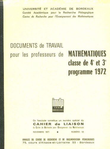 Documents De Travail Pour L'enseignment Moderne De La Mathematique - Classe De 4° Et 3°