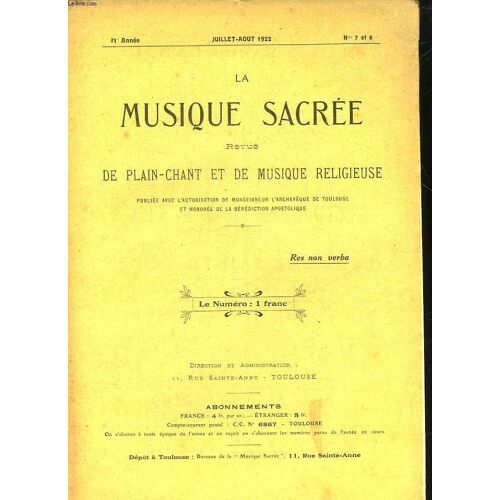 La Musique Sacre - Revue De Plain-Chant Et De Musique Religieuse - 21 ° Annee - N°7 Et 8