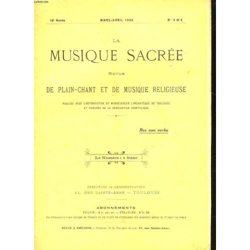 La Musique Sacre - Revue De Plain-Chant Et De Musique Religieuse - 19° Annee - N°3 Et 4