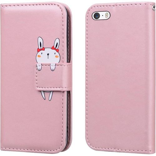KAL-Coque Pour Iphone 5/5S/Se(4.0""),Motif Lapin Mignon Portefeuille Étui De Antichoc Flip Case Cover,Cuir Pu Housse Avec Fonction Stand,Emplacements De Cartes Et Avec Fermeture Magnétique,Rose
