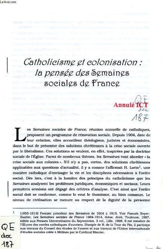 Catholicisme Et Colonisation: La Pensee Des Semaines Sociales De France