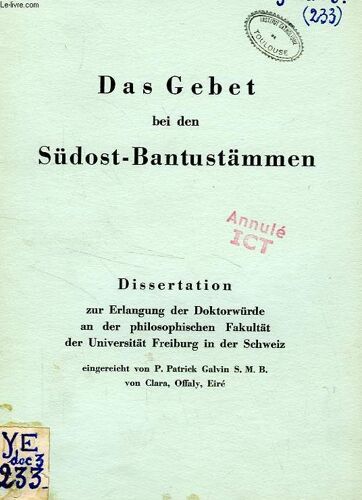 Das Gebet Bei Den Sudost-Bantustammen (Dissertation)