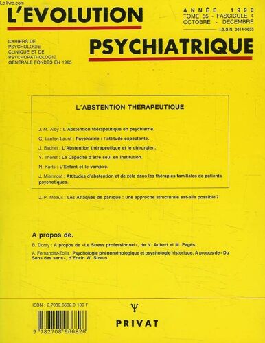L'evolution Psychiatrique, Tome 55, Fasc. 4, Oct.-Dec. 1990