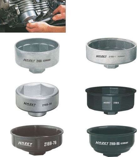 Hazet Jeu de clés pour filtres à huile - Carré creux 10 mm (3/8 pouce), Carré creux 12,5 mm (1/2 pouce) - Profil à 6 pans extérieurs - Nombre d'outils: 6 - 2169/6