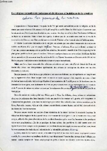 La Religion Monotheiste Judaique Et Chretienne Et La Defense De La Creation (Manuscrit)