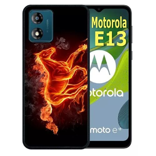 Coque Pour Motorola Moto E13 - Cheval En Feu - Silicone - Noir