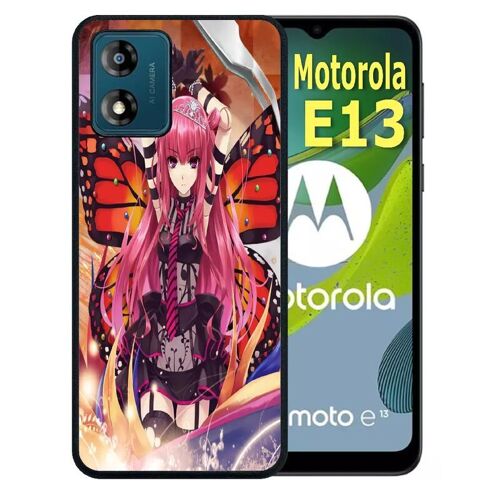 Coque Pour Motorola Moto E13 - Fille Manga Rose - Silicone - Noir