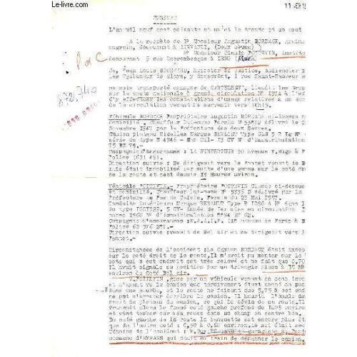 Rapport D'un Constat D'accident Sur La Route Nationale N°137 A, Entre M. Augustin B. (Grains Et Engrais) Et M. Poitevin