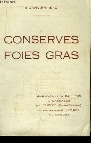 Conserves Foies Gras. Feuille De Tarif Du 15 Janvier 1940