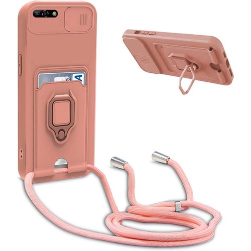 Coque Compatible Avec Huawei Y6 2018 / Honor 7a,Collier Pour Étui Colliers De Cellulaire Réglable Lanyard Silicone Case,Protection Caméra,Support Annulaire,Fentes Pour Cartes,Pink