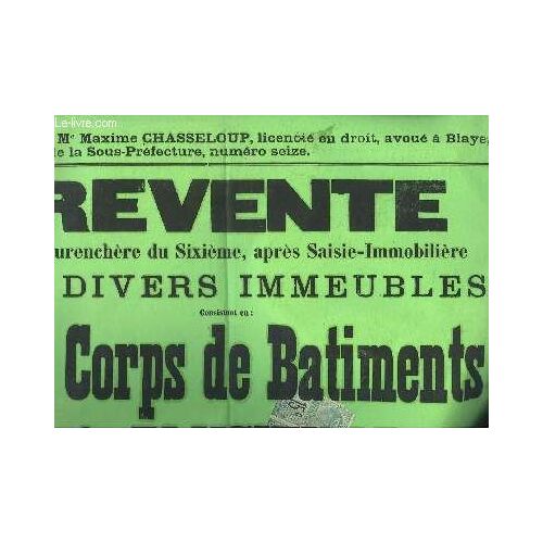 Une Affiche De La Revente Sur Surenchère Du Sixième De Divers Immeubles, Consistant En 1 Corps De Bâtiments & Plusieurs Pièces De Terre & Vigne, Situés Communes De Saint-Martin-Lacaussade & ...