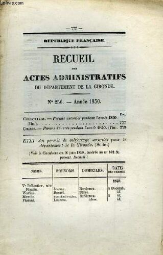 Recueil Des Actes Administratifs N°256 - 1850 : Colportage, Permis Accordés - Chasse, Permis Délivés Pendant L'année