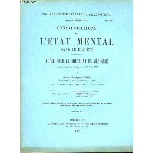 Considérations Sur L'etat Mental Dans Le Diabète. Thèse Pour Le Doctorat N°107