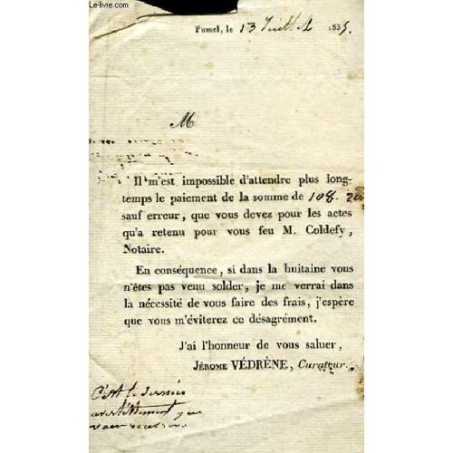 Lettre De Relance De Paiement, Pour Les Actes Retenus Par M. Coldefy Notaire