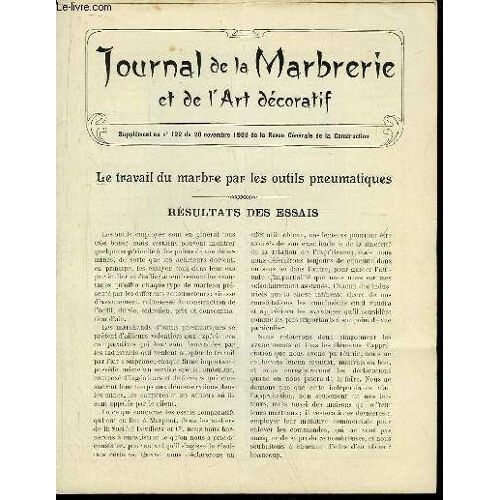 Journal De La Marbrerie Et De L'art Décoratif. Supplément Au N°122 De La Revue Générale De La Construction : Le Travail Du Marbre Par Les Outils Pneumatiques (Résultat) - La Sculpture Au ...