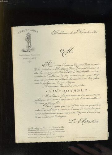 Lettre Imprimée Du Journal L'incroyable, Faisant Avis De La Création À Bordeaux D'un Journal Destiné À Être La Contre-Partie Du Don Quichotte