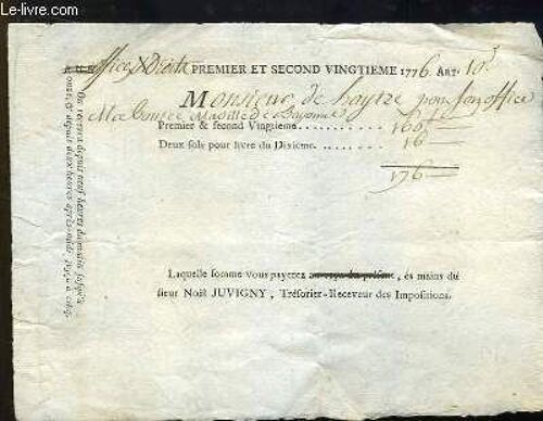 Une Facture Ancienne Premier Et Second Vingtième 1776. Art. 10