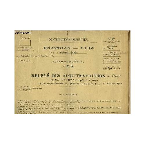Relevé Des Acquits-À-Caution Et Congés Du Registre. Boissons - Vins De Raisins Frais. N°67