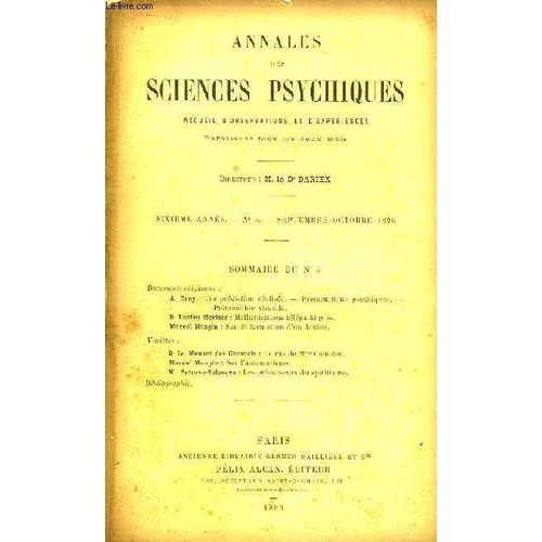 Annales Des Sciences Psychiques. Recueil D'observations Et D'expériences. N°5 - 6ème Année : Une Prédiction Réalisée, Prémonitions Psychiques, Prémonition Visuelle, Par Erny - ...