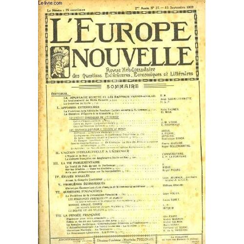 L'europe Nouvelle. Revue Hebdomadaire Des Questions Extérieures, Economiques Et Littéraires. N°37 - 2ème Année