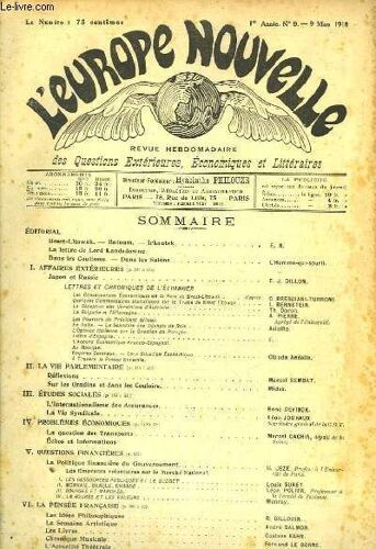 L'europe Nouvelle. Revue Hebdomadaire Des Questions Extérieures, Economiques Et Littéraires. 1ère Année, N°9