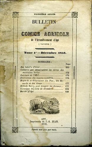 Bulletin Du Comice Agricole De L'arrondissement D'apt (Vaucluse). Tome 1er - 12ème Livraison