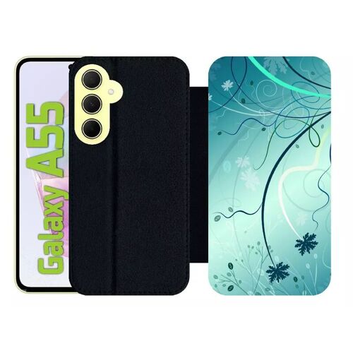 Etui À Rabat Pour Galaxy A55 - Abstrait Turquoise Fleur - Simili-Cuir - Noir