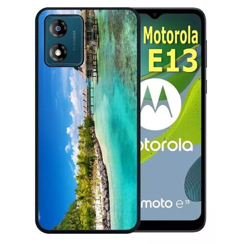 Coque Pour Motorola Moto E13 - Cadre Paradisiaque Cases Sur Piloties - Silicone - Noir