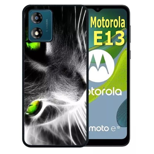 Coque Pour Motorola Moto E13 - Chat Noir Et Blanc Yeux Vert - Silicone - Noir