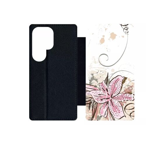 Etui À Rabat Pour Galaxy S24 Ultra - Lily With Grunge Floral - Simili-Cuir - Noir