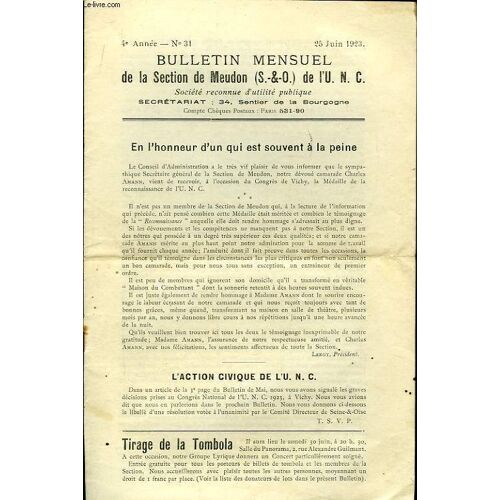 Bulletin Mensuel De La Section De Meudon (S. & O.) De L'u.N.C. N°31, 4ème Année