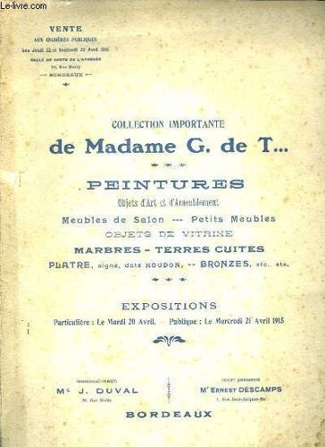 Catalogue De Ventes Aux Enchères, De La Collection De Madame G. De T