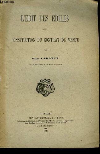 L'édit Des Édiles Et La Constitution Du Contrat De Vente