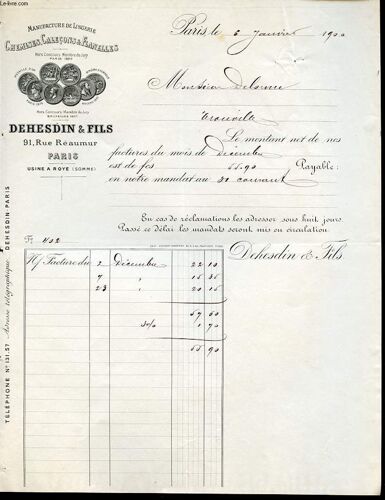 Facture Ancienne Illustree De La Manufacture De Lingerie Chemises Calecons Et Flanelles Dehensdin Et Fils 91 Rue Reamur Paris Usine De Roye ( Somme)
