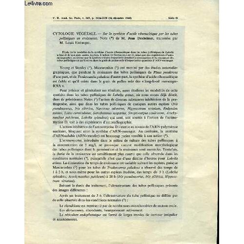 Extrait Des Comptes Rendus Des Seances De L'academie Des Sciences Tome 267 - Cytologie Vegetale