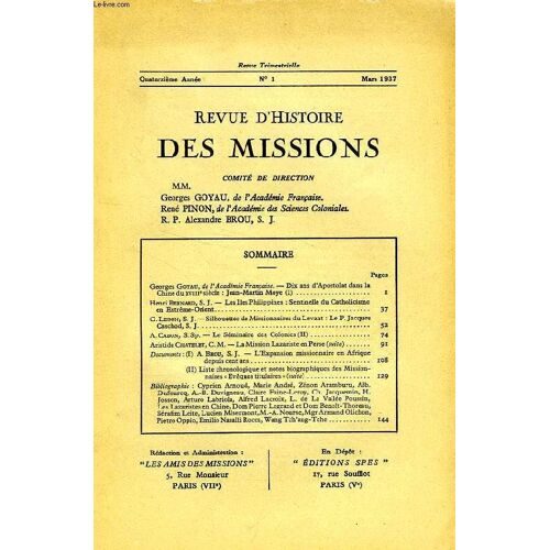 Revue D'histoire Des Missions, 14e Annee, N° 1, Mars 1937