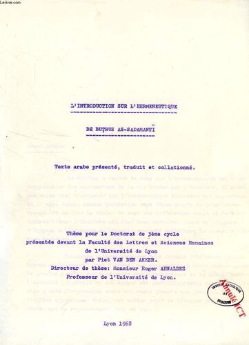 L'introduction Sur L'hermeneutique De Butrus As-Sadamanti (These)