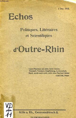 Echos Politiques, Litteraires Et Scientifiques D'outre-Rhin, 1. Dez. 1912