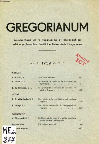 Gregorianum, Ann. Xl, Vol. Xl, 3, 1959, Le Spiritualisme Chretien De Michele Federico Sciacca