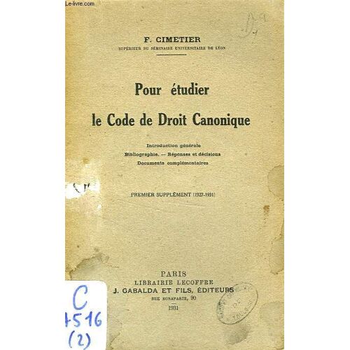 Pour Etudier Le Code De Droit Canonique, 1er Supplement