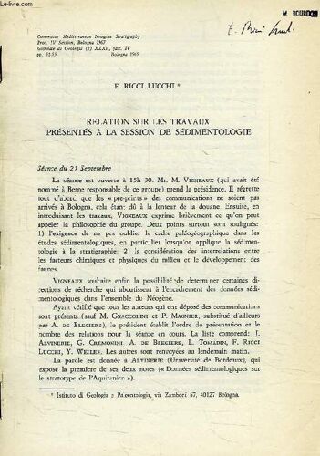 Relation Sur Les Travaux Presentes A La Session De Sedimentologie