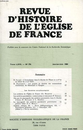 Revue D'histoire De L'eglise De France, Tome Lxvi, N° 176, Jan.-Juin 1980