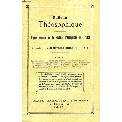 Bulletin Theosophique, 31e Annee, N° 8, Aout-Oct. 1930