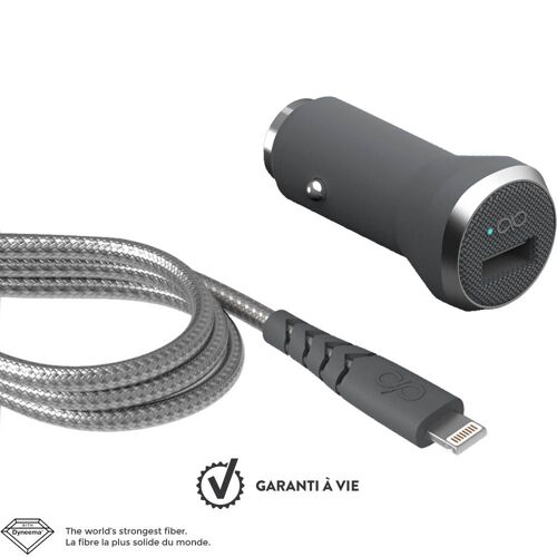 Chargeur Voiture 2.4a Ic Smart + Câble Renforcé Usb A/Lightning Garanti À Vie Gris Force Power