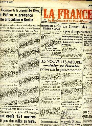 Journal La France De Bordeaux Et Du Sud Ouest Du Lundi 16 Mars1942 Sommaire: Le Furher A Prononcé Une Allocation À Berlin; Les Nouvelles Mesures Sociales Et Fiscales Prises Par Le Gouvernement; Le(...)