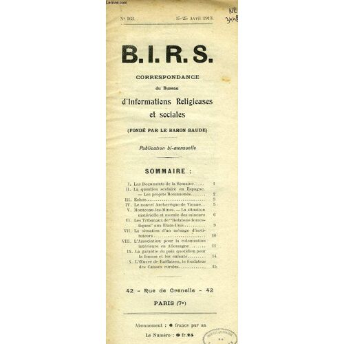 B.I.R.S., Correspondance Du Bureau D'informations Religieuses Et Sociales, N° 163, Avril 1913
