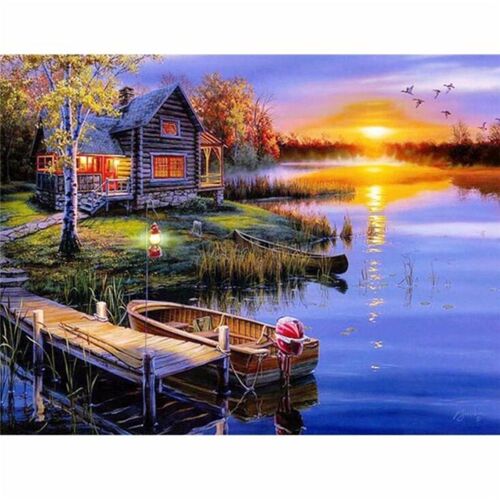 Bricolage 5d Diamant Peinture Paysage Lac Maison Point De Croix Kit Complet Strass Ruban Broderie Paysage Artisanat Décoration De La Maison