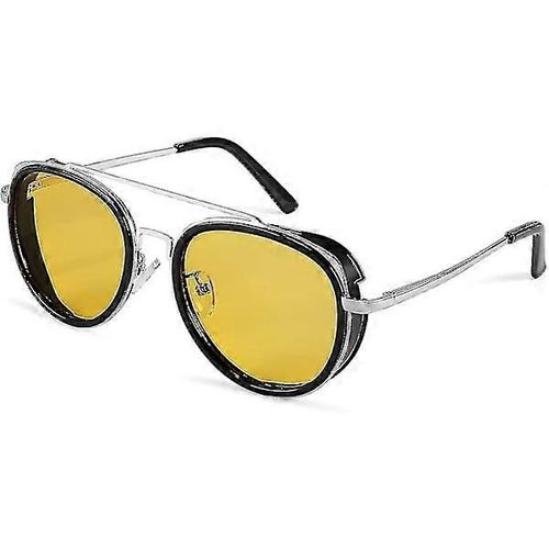 Lunettes De Soleil Rondes Rétro Steampunk À Double Pont, Style Aviateur, Pour Femmes Et Hommes (Jaune)