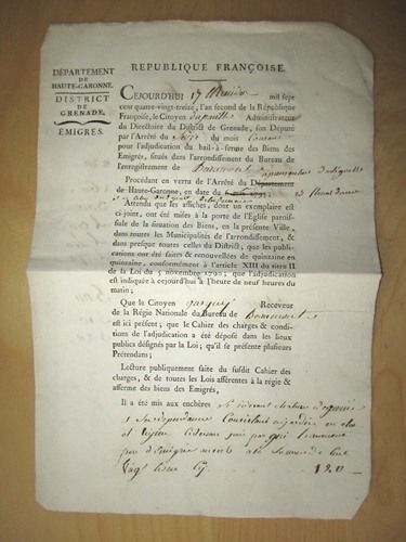 Adjudication Du Bail-À-Ferme Des Biens Des Emigrés : Vente Aux Enchères Le 17 Messidor 1793, An Second De La République Française Du Château De Garié