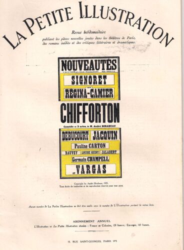 La Petite Illustration Théâtrale N° 136 : Chifforton, Comédie D'andré Birabeau